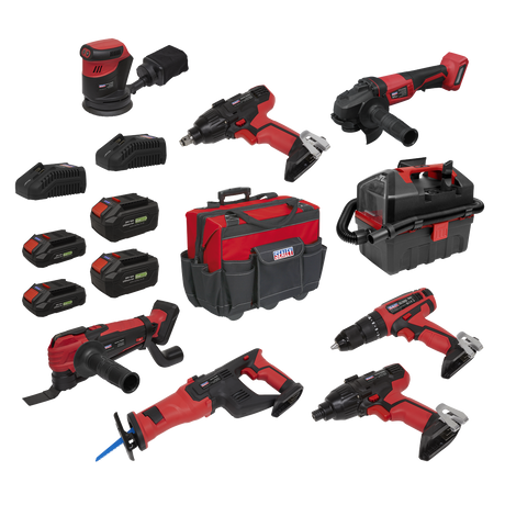 Sealey CP20VCOMBO4EU 8 x SV20 Series Cordless Power Tool Kit 20V Euro Plug - 4 Batteries