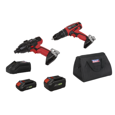 Sealey CP20VDDCOMBOEU 2 x SV20 Series Cordless Power EU Tool Kit 20V Euro Plug - 2 Batteries