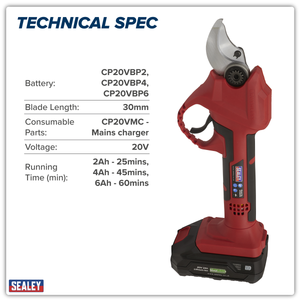 Sealey CP20VPSKIT SV20 Series Brushless Cordless Pruning Shears Kit 20V 2Ah - 2 Batteries - additional view 14