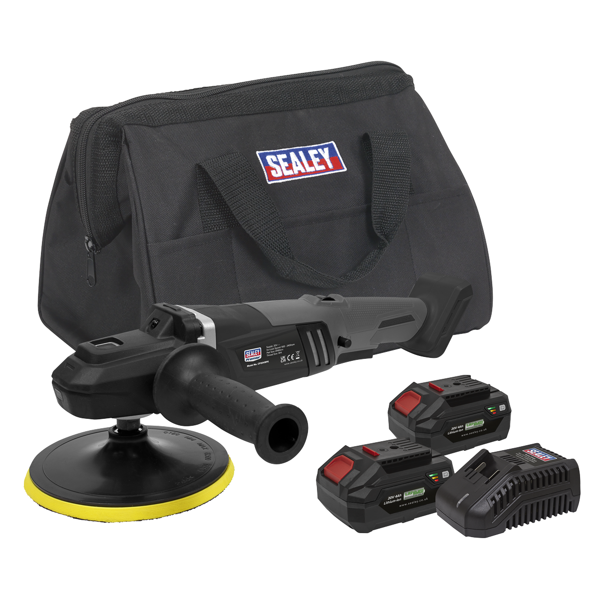 Sealey CP20VRPXKIT Premier SV20 Series 180mm Brushless Cordless Rotary Polisher 20V 4Ah - 2 Batteries