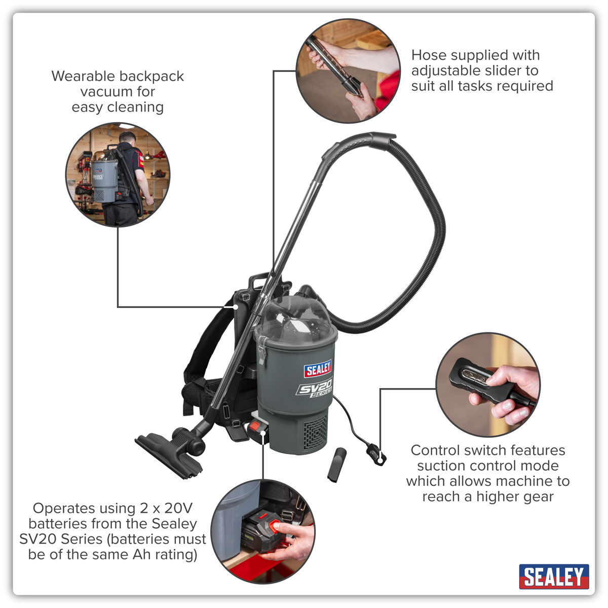 Sealey CP40VBV SV20 Series Backpack Vacuum Cleaner 40V - Body Only - additional view 2
