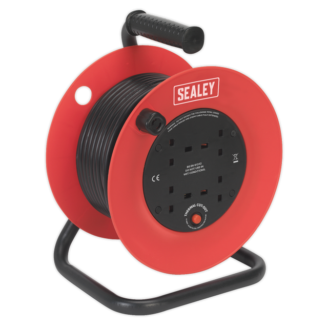 Sealey CR25/1.5 25m Heavy-Duty Cable Reel with Thermal Trip 4 x 230V