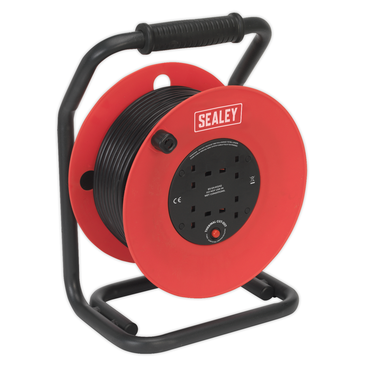 Sealey CR50/1.5 50m Heavy-Duty Cable Reel with Thermal Trip 4 x 230V
