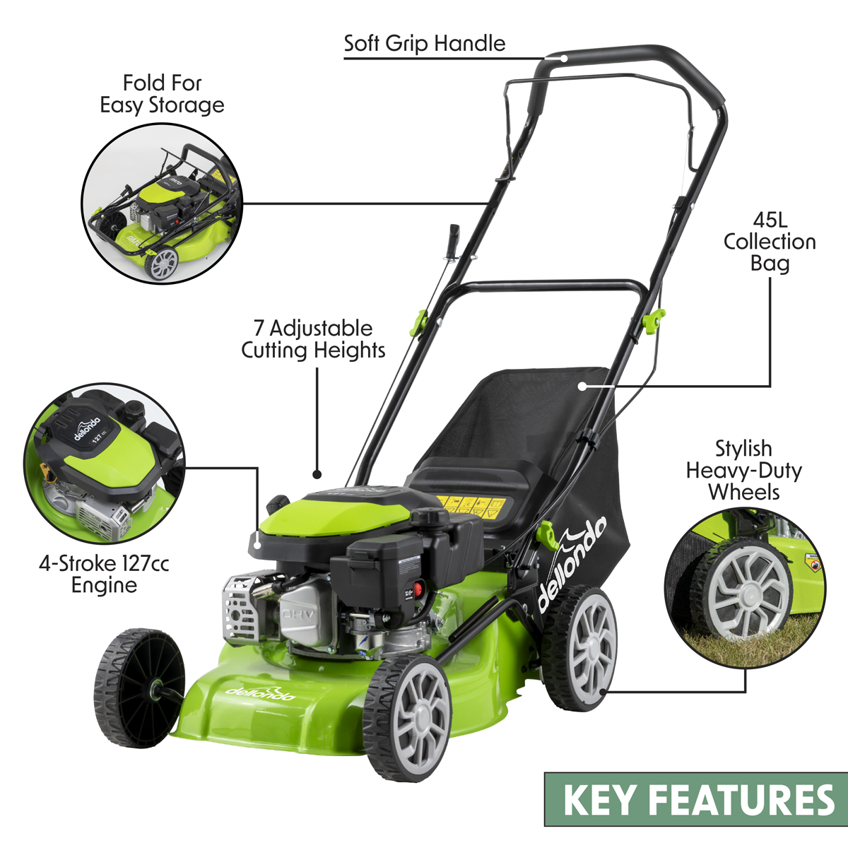 Dellonda DG100 Hand-Propelled Petrol Lawnmower Grass Cutter, 127cc 16"/41cm 4-Stroke - additional view 13
