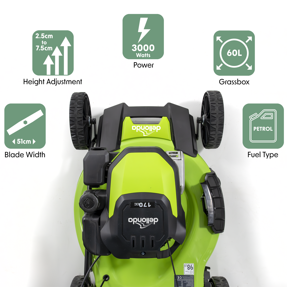 Dellonda DG102 Self-Propelled Petrol Lawnmower Grass Cutter with Height Adjustment & Grass Bag 170cc - additional view 12