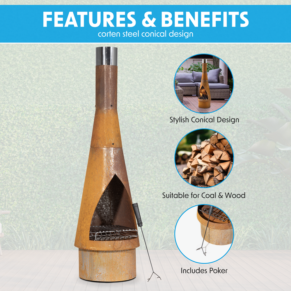 Dellonda DG110 Outdoor/Garden/Patio Conical Chiminea, Fireplace, Fire Pit, Heater, H127cm - Corten Steel - additional view 5