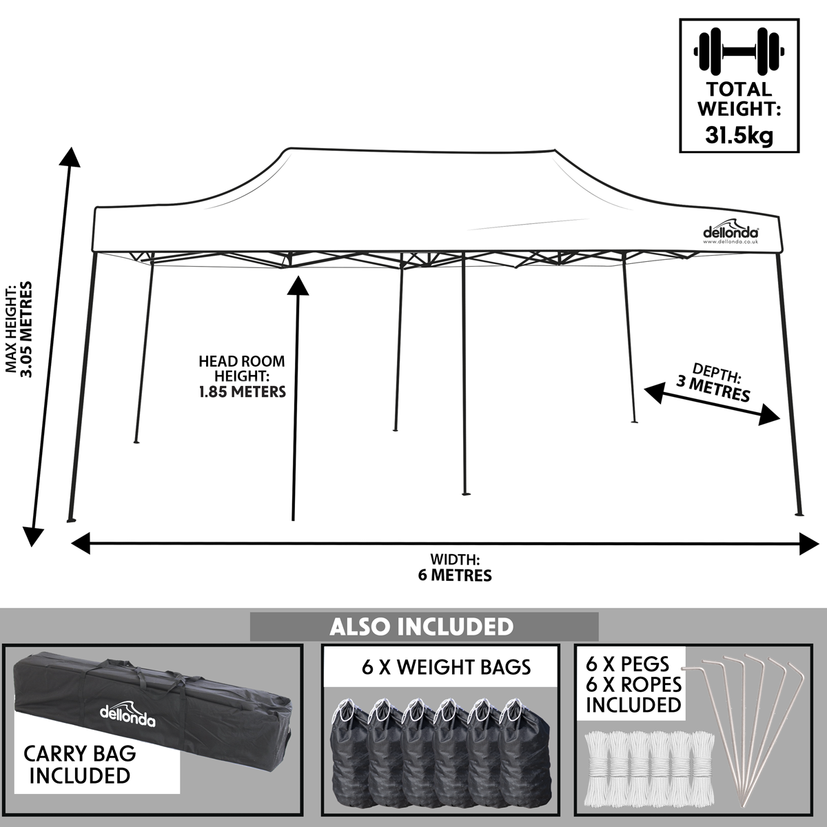 Dellonda DG138 Premium 3x6m Pop-Up Gazebo, Heavy Duty, PVC Coated, Water-Resistant Fabric Supplied with - additional view 10