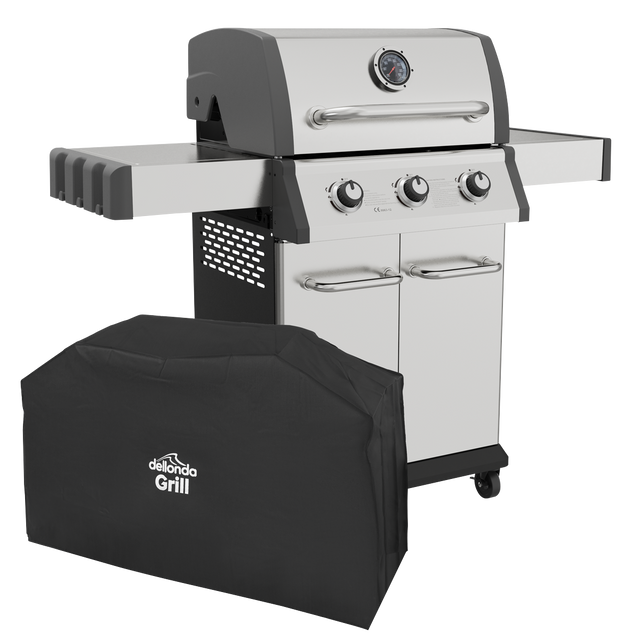 Dellonda DG230 3 Burner Deluxe Gas BBQ Grill with Piezo Ignition & Thermometer & Cover - Stainless Steel