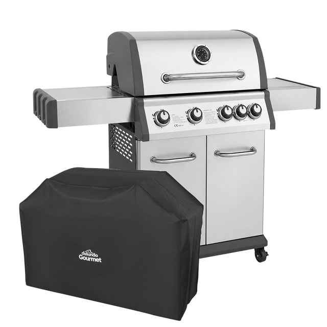 Dellonda DG231 4+1 Burner Deluxe Gas BBQ Grill with Piezo Ignition & Thermometer & Cover - Stainless Steel
