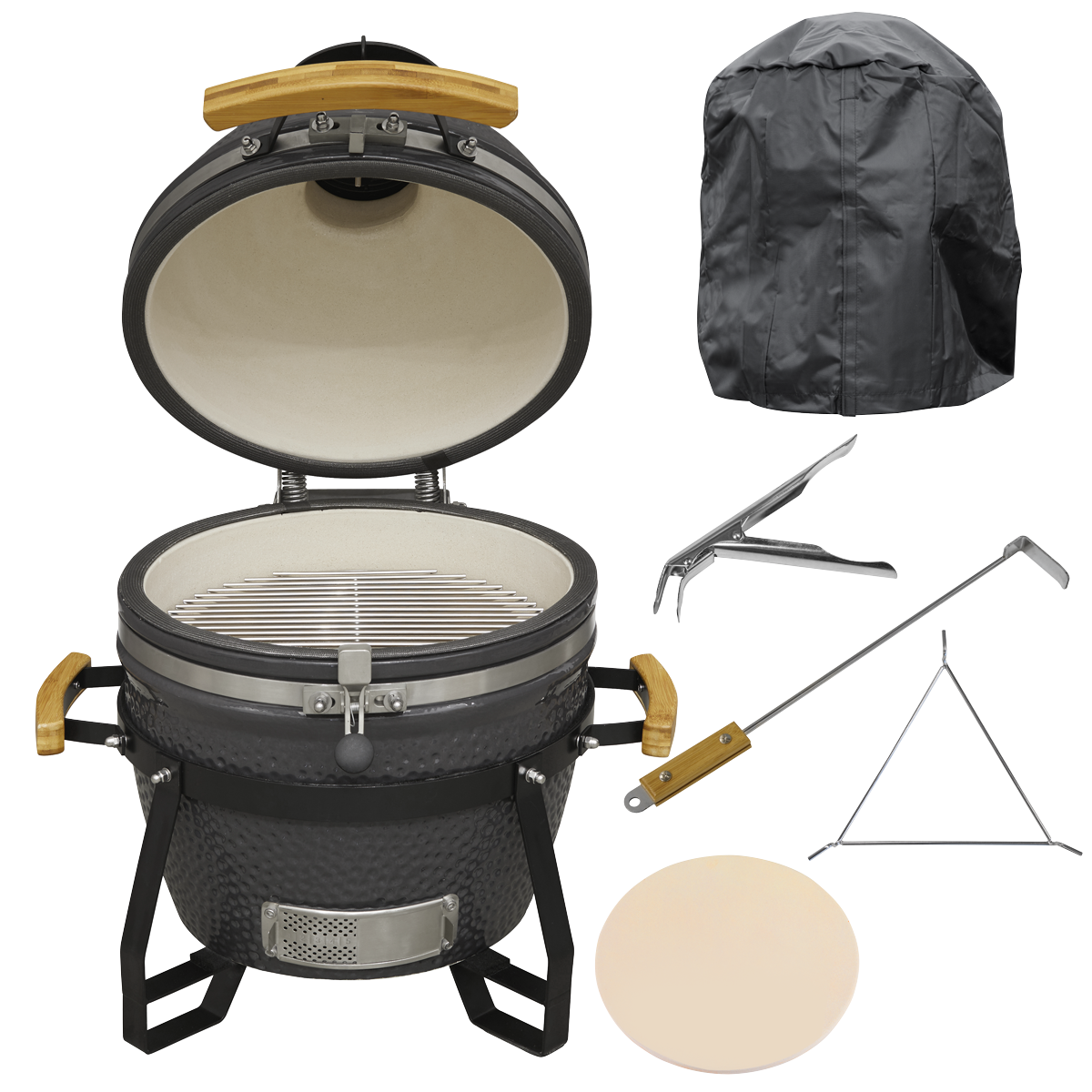 Dellonda DG235 Deluxe 16"(40cm) Ceramic Kamado Style BBQ, Cover, Grid Gripper, Heat Deflector & Heat Deflector Support