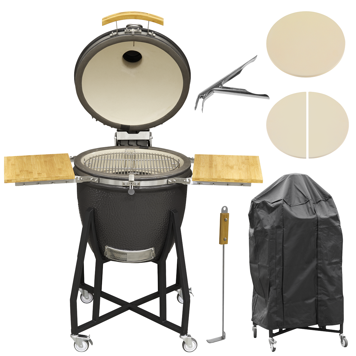 Dellonda DG236 Deluxe 22"(56cm) Ceramic Kamado Style BBQ, Cover, Grid Gripper, Heat Deflector & Heat Deflector Support