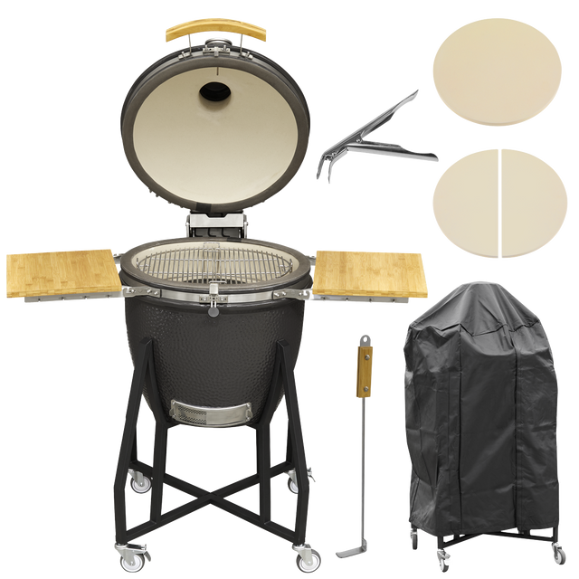 Dellonda DG236 Deluxe 22"(56cm) Ceramic Kamado Style BBQ, Cover, Grid Gripper, Heat Deflector & Heat Deflector Support