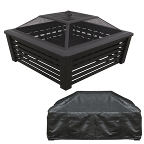 Dellonda DG238 89cm Square Outdoor Fire Pit, Mesh Screen Lid, Black with Water-Resistant Drawstring Cover
