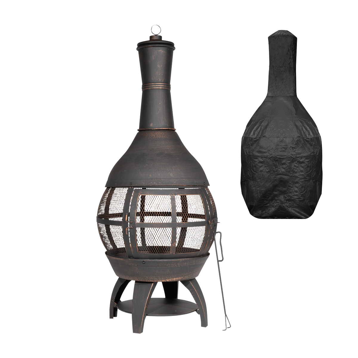 Dellonda DG241 Deluxe 360° Chiminea/Fire Pit/Outdoor Heater with Fire Poker & Water-Resistant Drawstring Cover - Antique