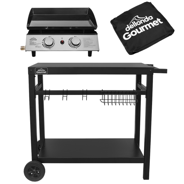 Dellonda DG249 2 Burner Portable Gas Plancha, Cover & Trolley