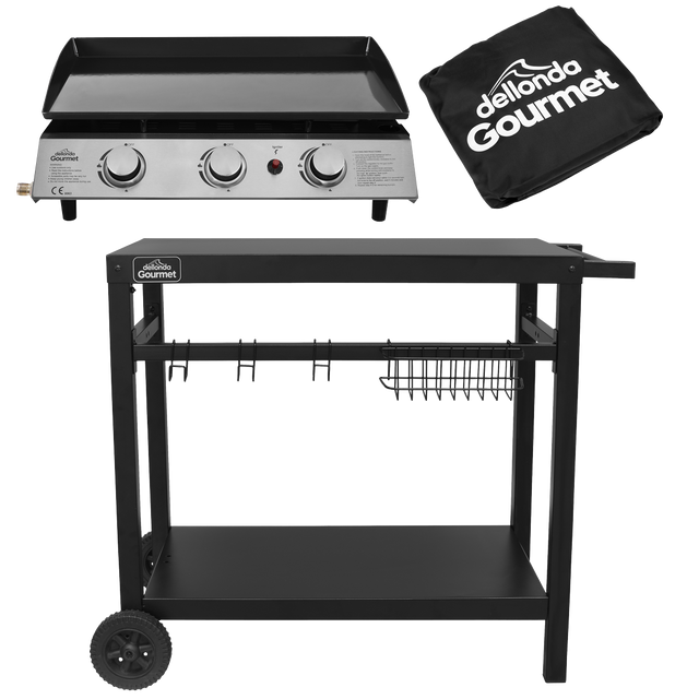 Dellonda DG250 3 Burner Portable Gas Plancha, Cover & Trolley