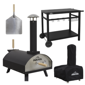 Dellonda DG258 Wood-Fired Pizza Oven, Pizza Peel, Cover & Plancha Trolley 14" - Black