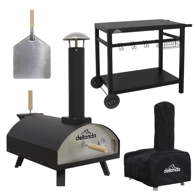 Dellonda DG258 Wood-Fired Pizza Oven, Pizza Peel, Cover & Plancha Trolley 14" - Black