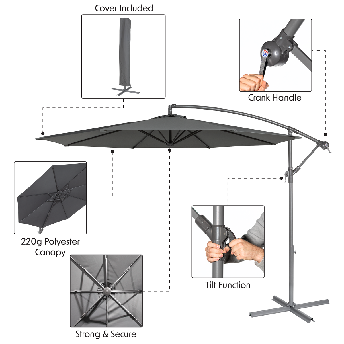 Dellonda DG264 Banana Parasol with Cover 3m - Grey - additional view 15