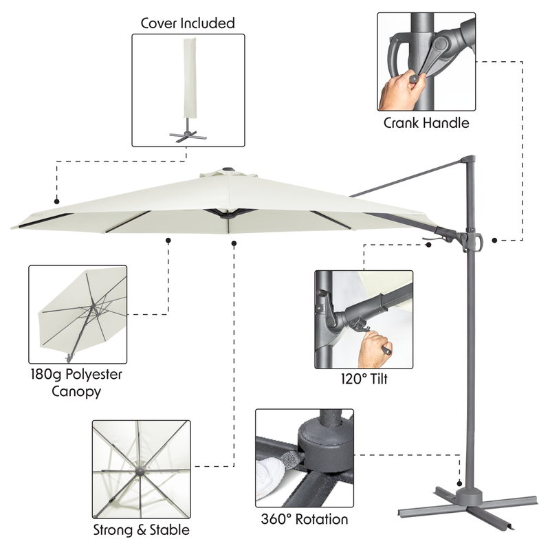 Dellonda DG268 Cantilever Parasol with 360° Rotation, Tilt & Cover 3m - Cream - additional view 21