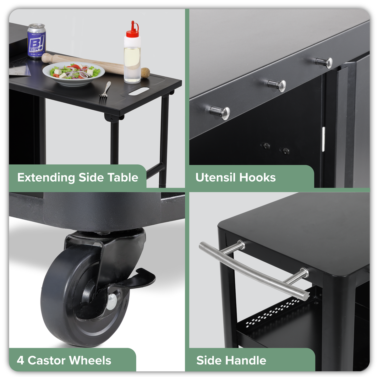 Dellonda DG282 BBQ/Plancha Workstation Trolley with Cupboard, Extension Table & Utensil Hooks, Black - additional view 15
