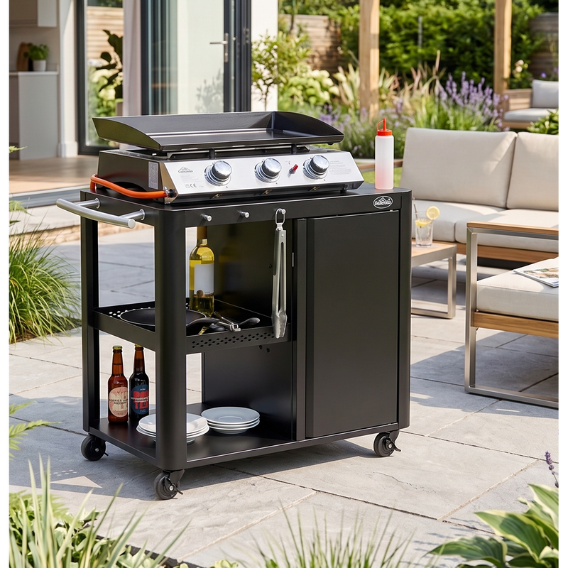 Dellonda DG282 BBQ/Plancha Workstation Trolley with Cupboard, Extension Table & Utensil Hooks, Black - additional view 19