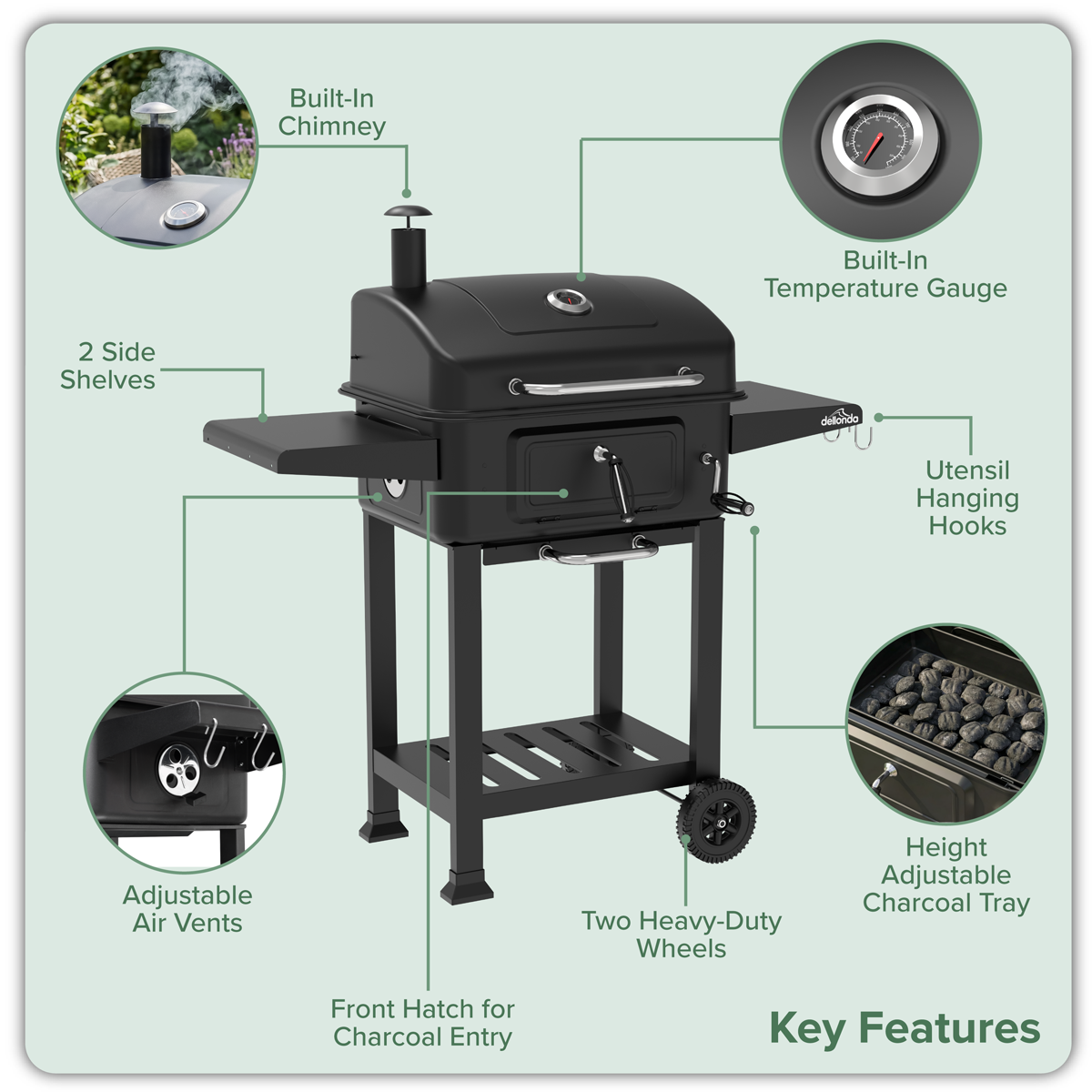 Dellonda DG283 Charcoal Grill BBQ Smoker & Trolley with 2 Side Shelves - Black - additional view 23