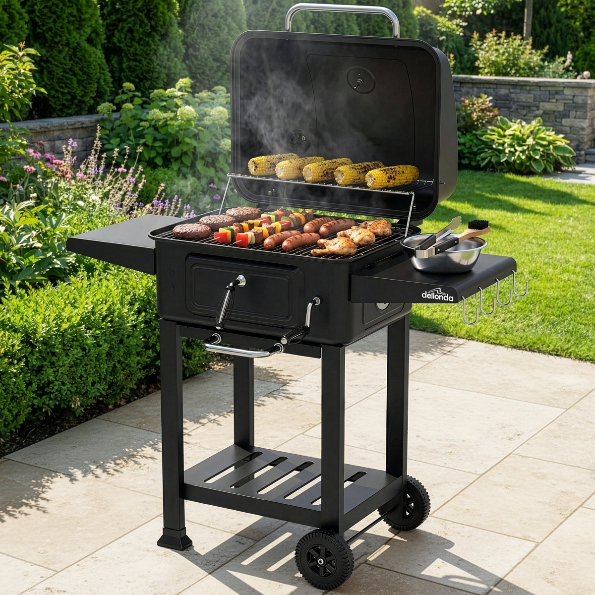 Dellonda DG283 Charcoal Grill BBQ Smoker & Trolley with 2 Side Shelves - Black - additional view 15