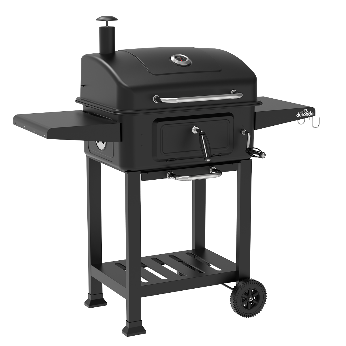 Dellonda DG283 Charcoal Grill BBQ Smoker & Trolley with 2 Side Shelves - Black