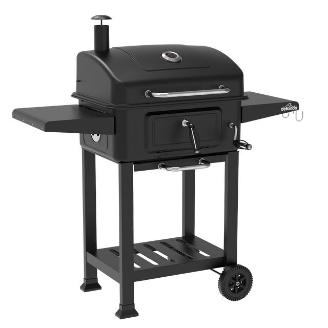 Dellonda DG283 Charcoal Grill BBQ Smoker & Trolley with 2 Side Shelves - Black