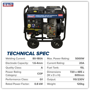 Sealey DG5000W 5000W Diesel Welder Generator 4-Stroke Engine 110/230V - additional view 16