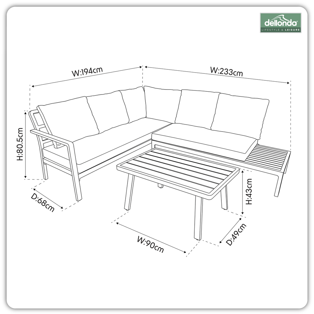 Dellonda DG53 Kyoto Aluminium Outdoor Corner Sofa & Coffee Table Set 3pc - additional view 9