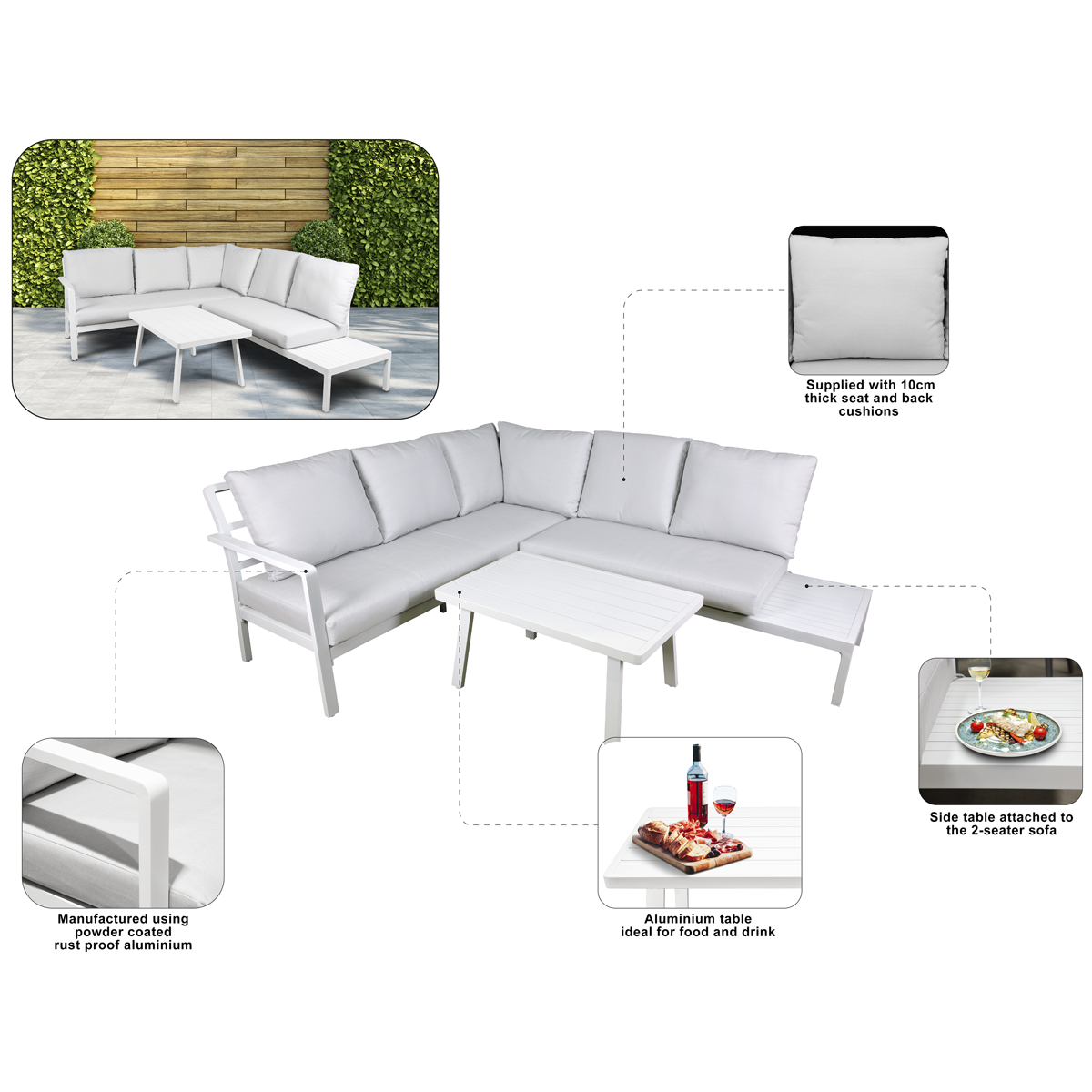Dellonda DG53 Kyoto Aluminium Outdoor Corner Sofa & Coffee Table Set 3pc - additional view 2