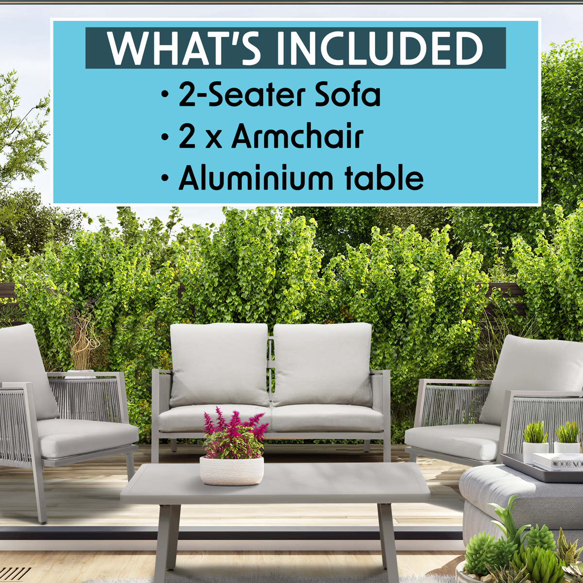 Dellonda DG56 Fusion Aluminium Outdoor Sofa, Arm Chairs & Coffee Table Set 4pc - additional view 4