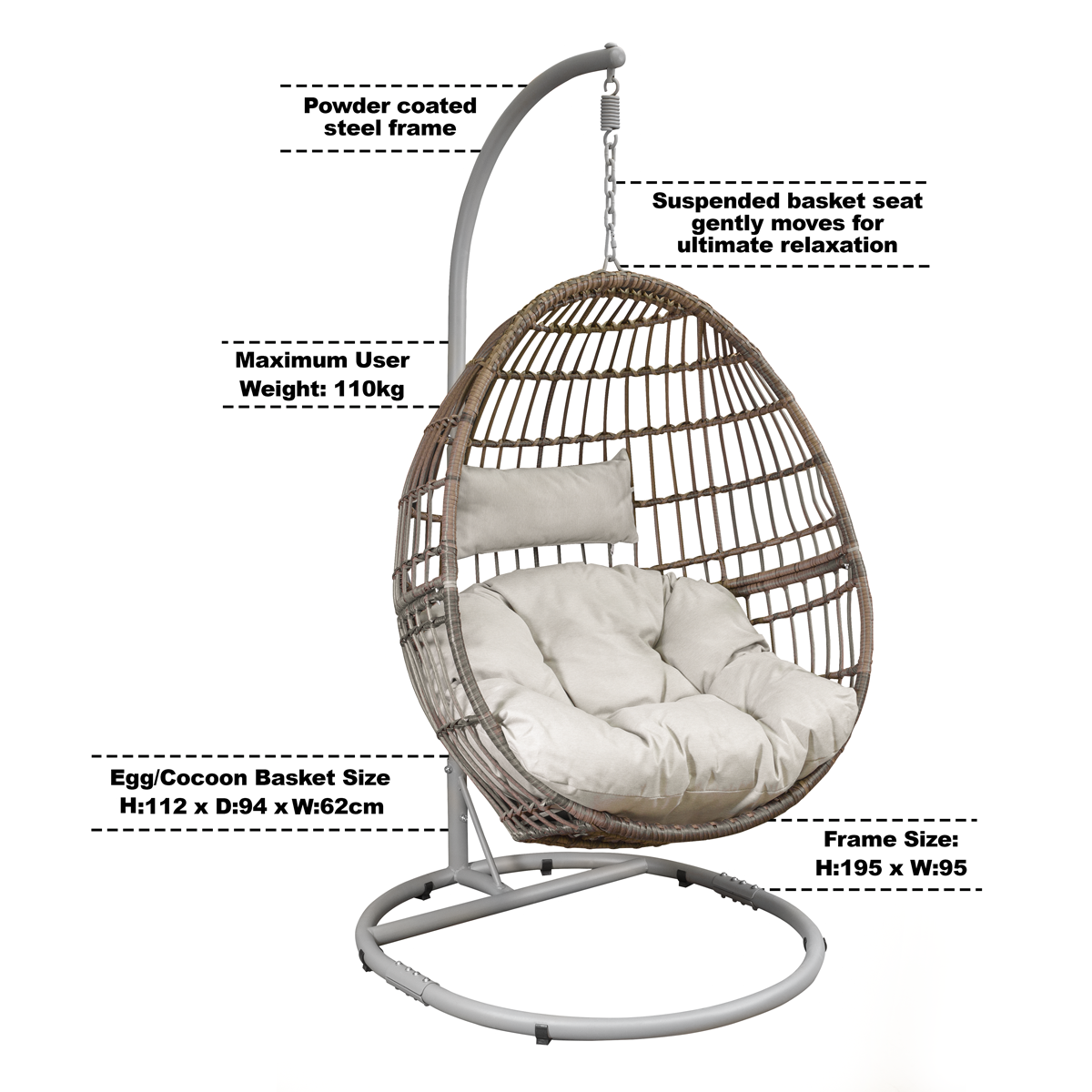 Dellonda DG60 Single Swinging Egg Chair with Cushion - additional view 8