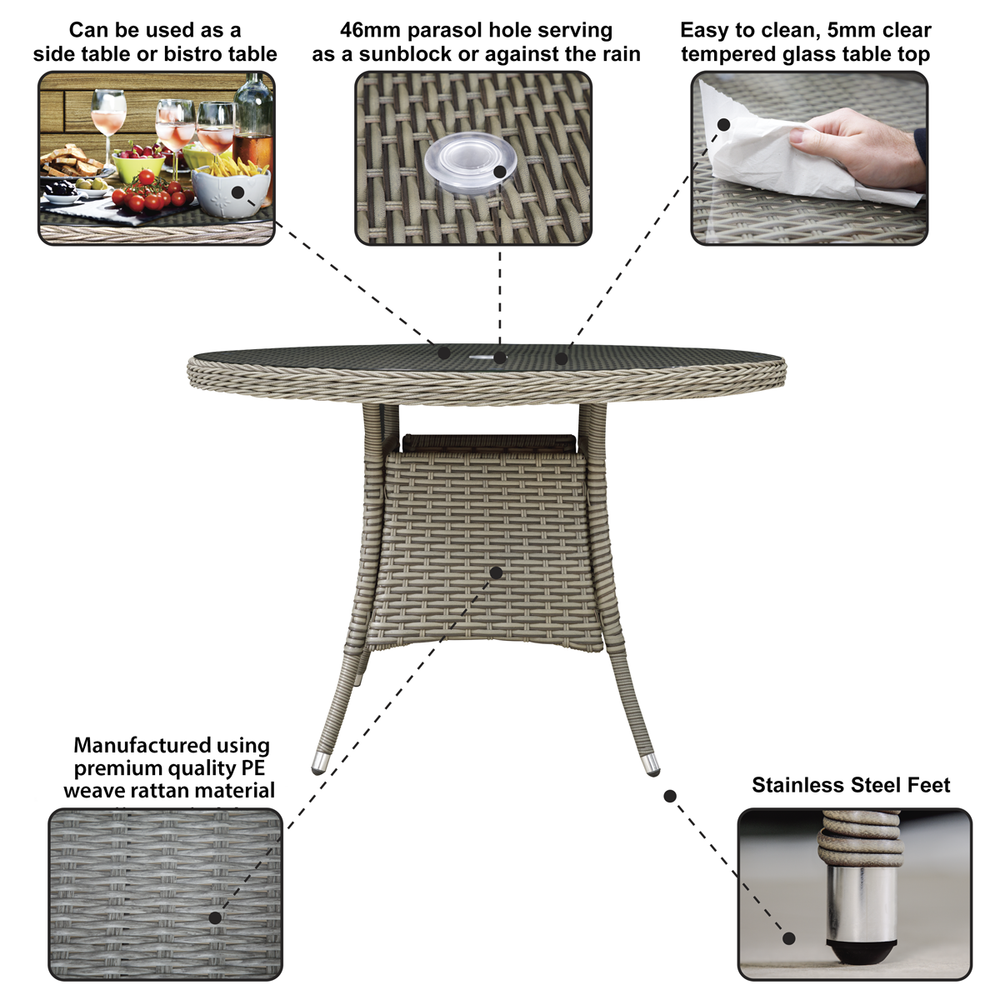 Dellonda DG66 Chester Rattan Wicker Round Outdoor Dining Table with Tempered Glass Top - additional view 3
