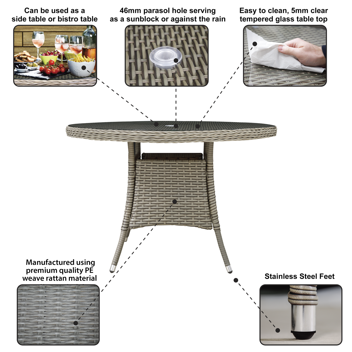 Dellonda DG66 Chester Rattan Wicker Round Outdoor Dining Table with Tempered Glass Top - additional view 3