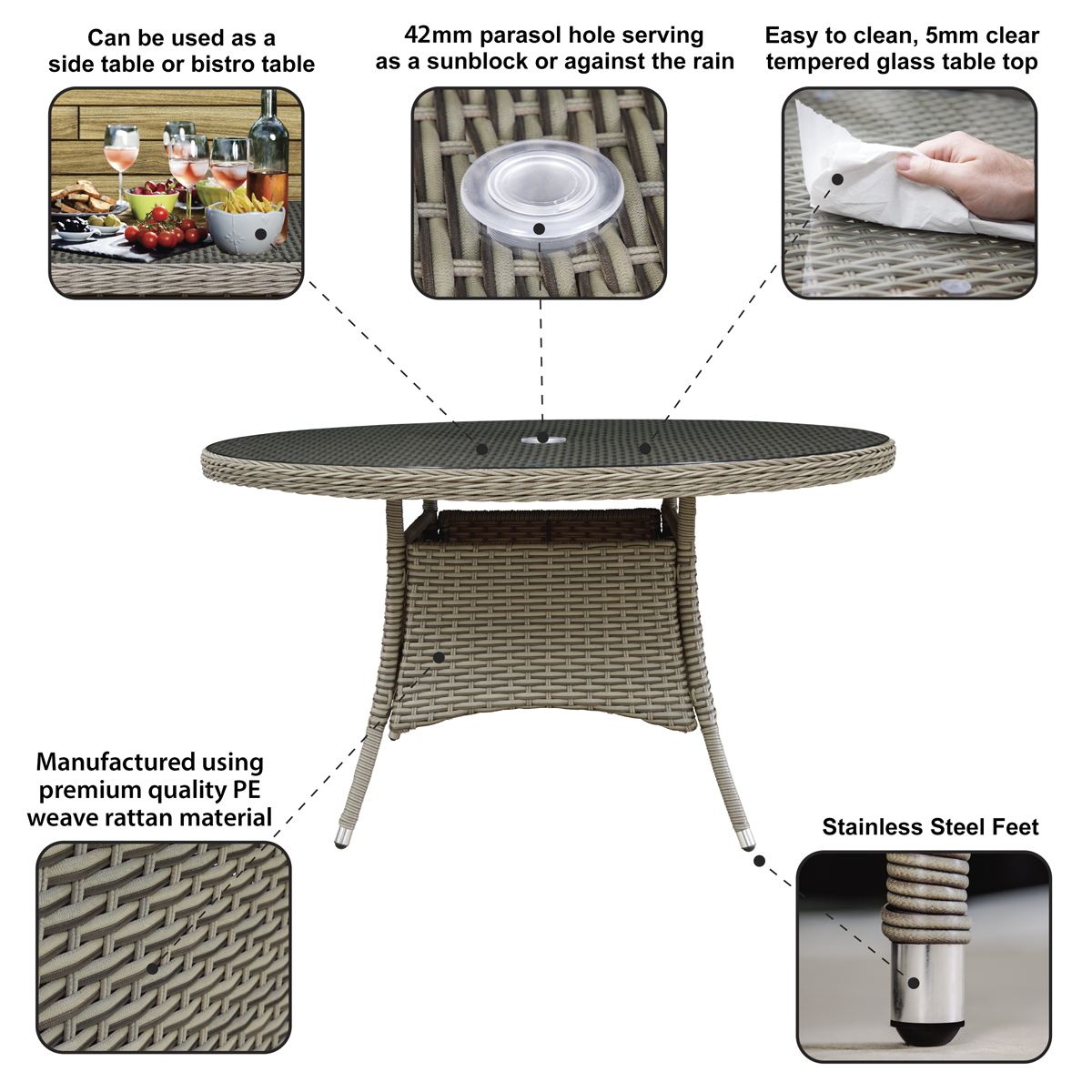 Dellonda DG67 Chester Rattan Wicker Round Outdoor Dining Table with Tempered Glass Top - additional view 7