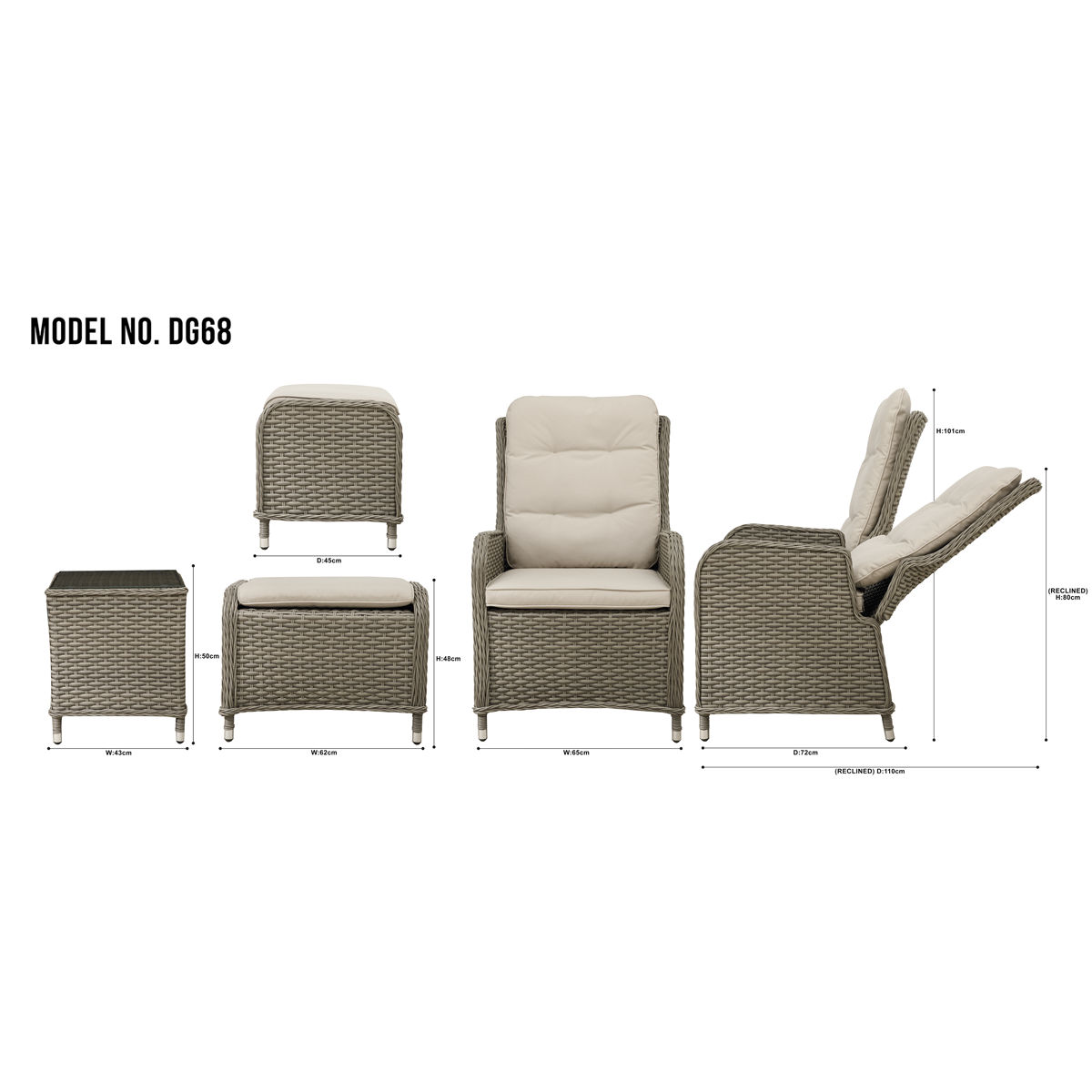 Dellonda DG68 Chester Rattan Wicker Outdoor Recliner Loungers & Table Set 5pc - additional view 11