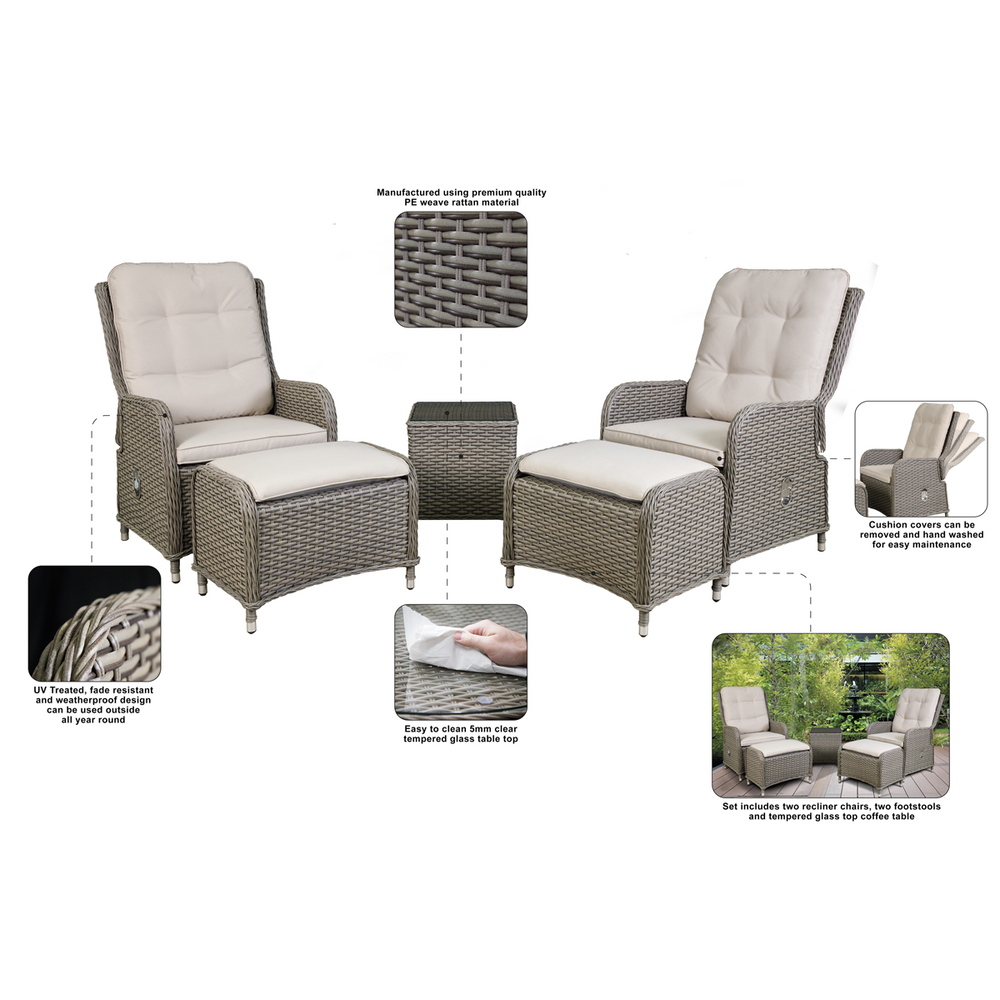 Dellonda DG68 Chester Rattan Wicker Outdoor Recliner Loungers & Table Set 5pc - additional view 10