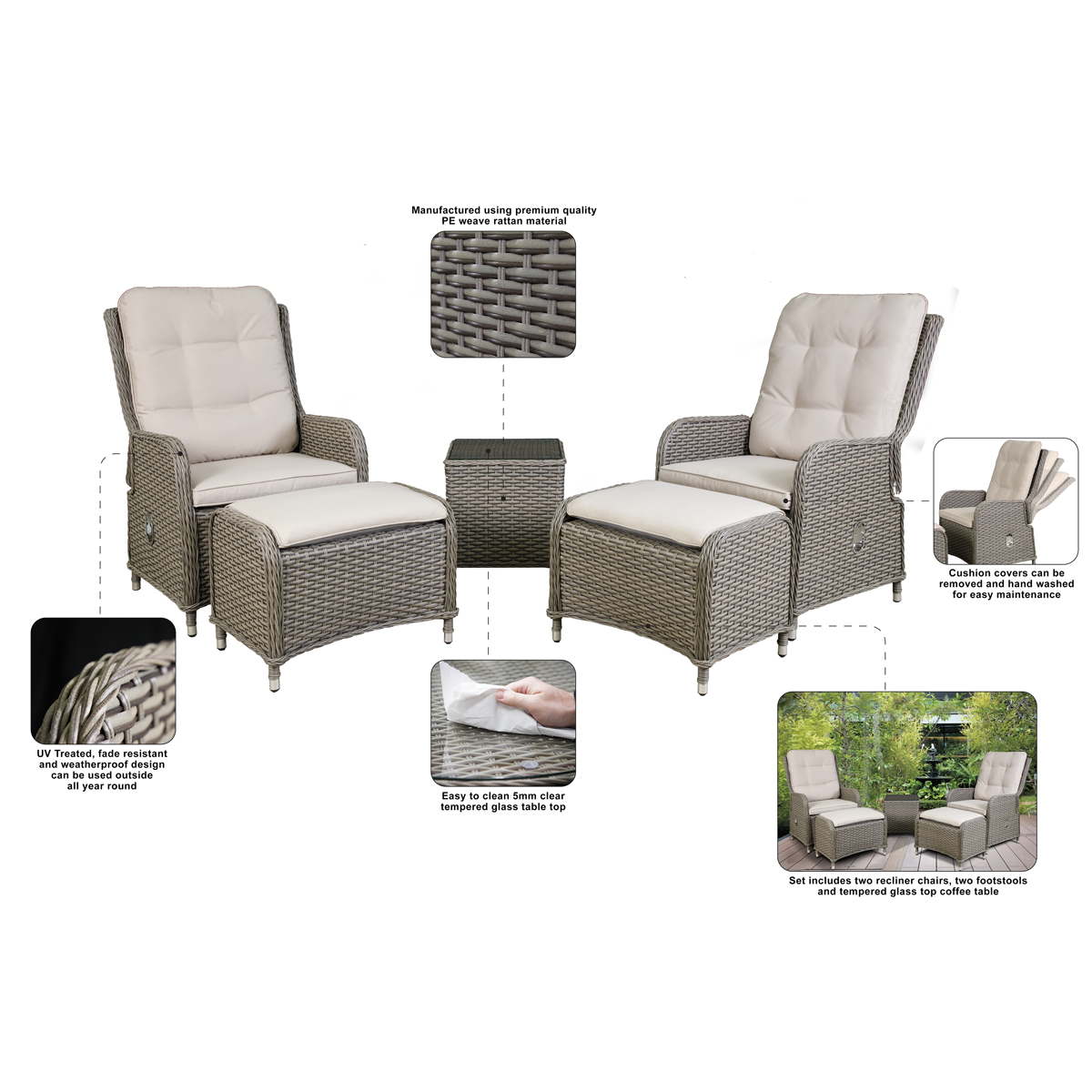 Dellonda DG68 Chester Rattan Wicker Outdoor Recliner Loungers & Table Set 5pc - additional view 10