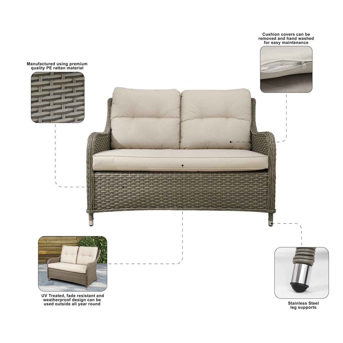Dellonda DG70 Chester Rattan Wicker Outdoor 2-Seater Sofa - additional view 7