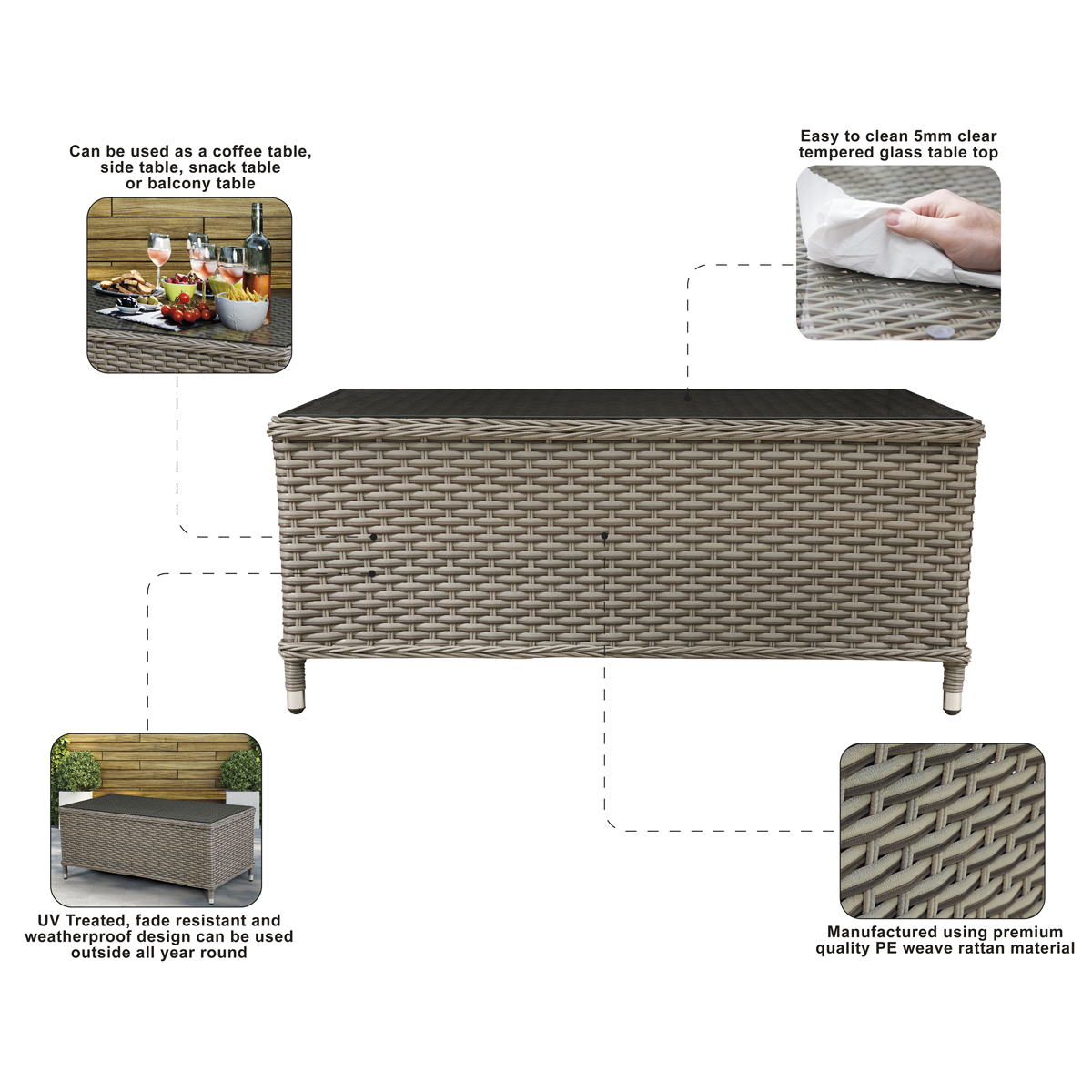 Dellonda DG71 Chester Rattan Wicker Outdoor Balcony Table with Tempered Glass Top - additional view 5