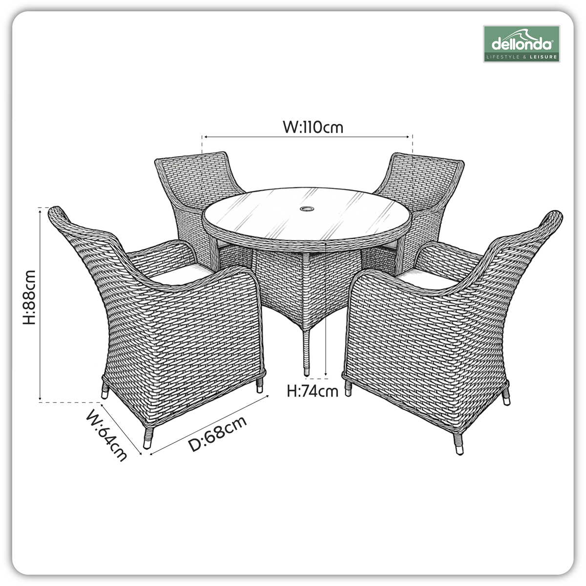 Dellonda DG84 Chester Rattan Wicker Outdoor Dining Set with Tempered Glass Tabletop 5pc - additional view 2