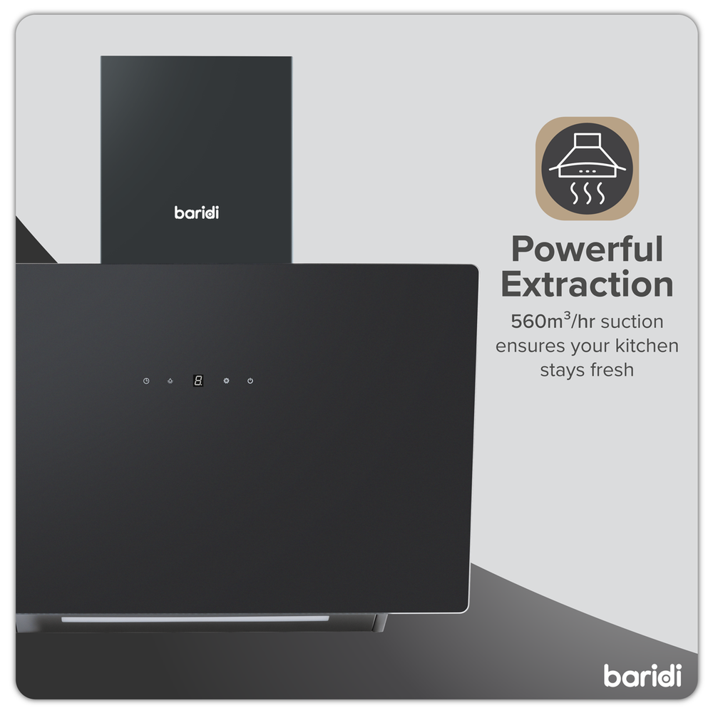 Baridi DH105 Angled Chimney Cooker Hood with Touch Controls & Carbon Filters 60cm - Black Glass - additional view 6