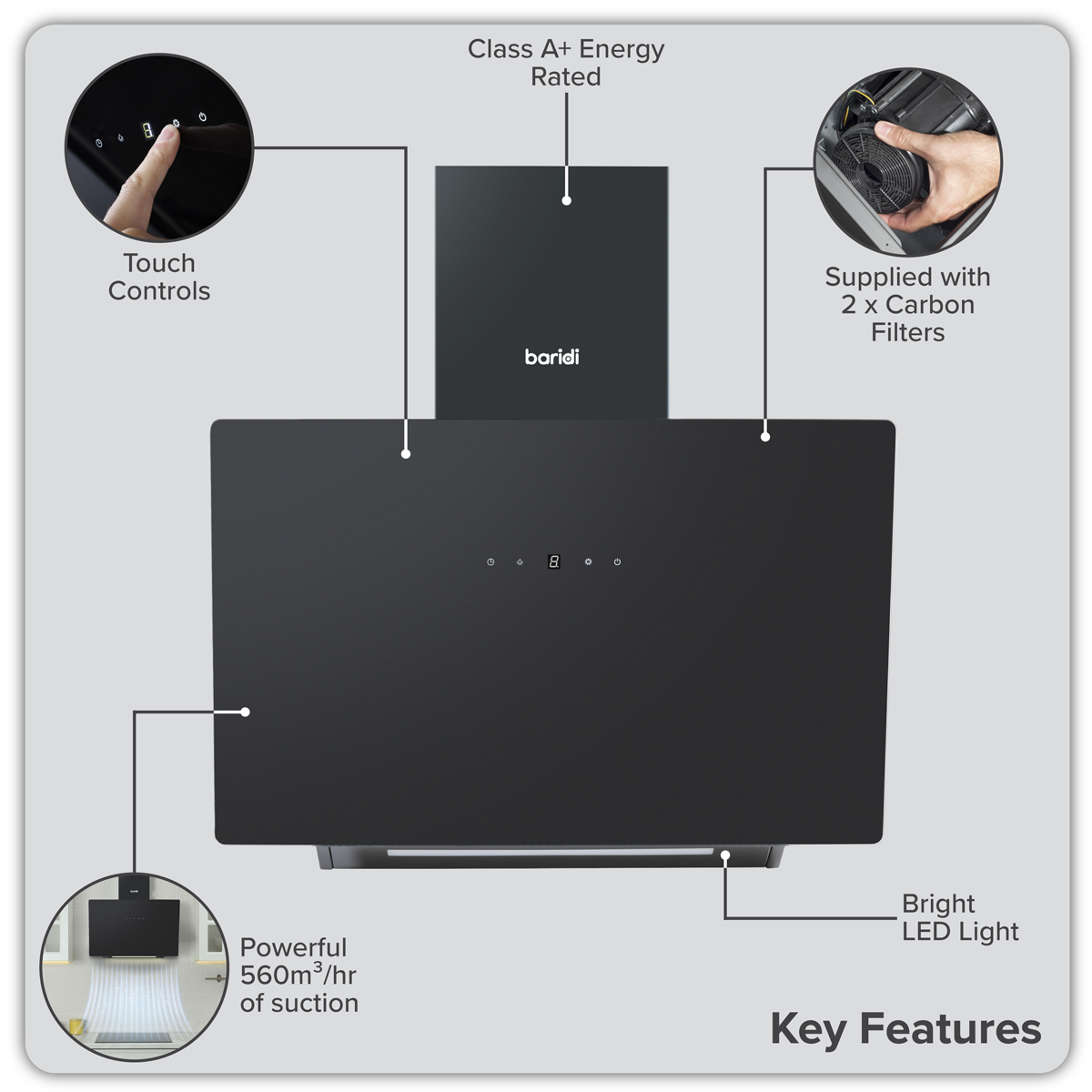 Baridi DH105 Angled Chimney Cooker Hood with Touch Controls & Carbon Filters 60cm - Black Glass - additional view 10