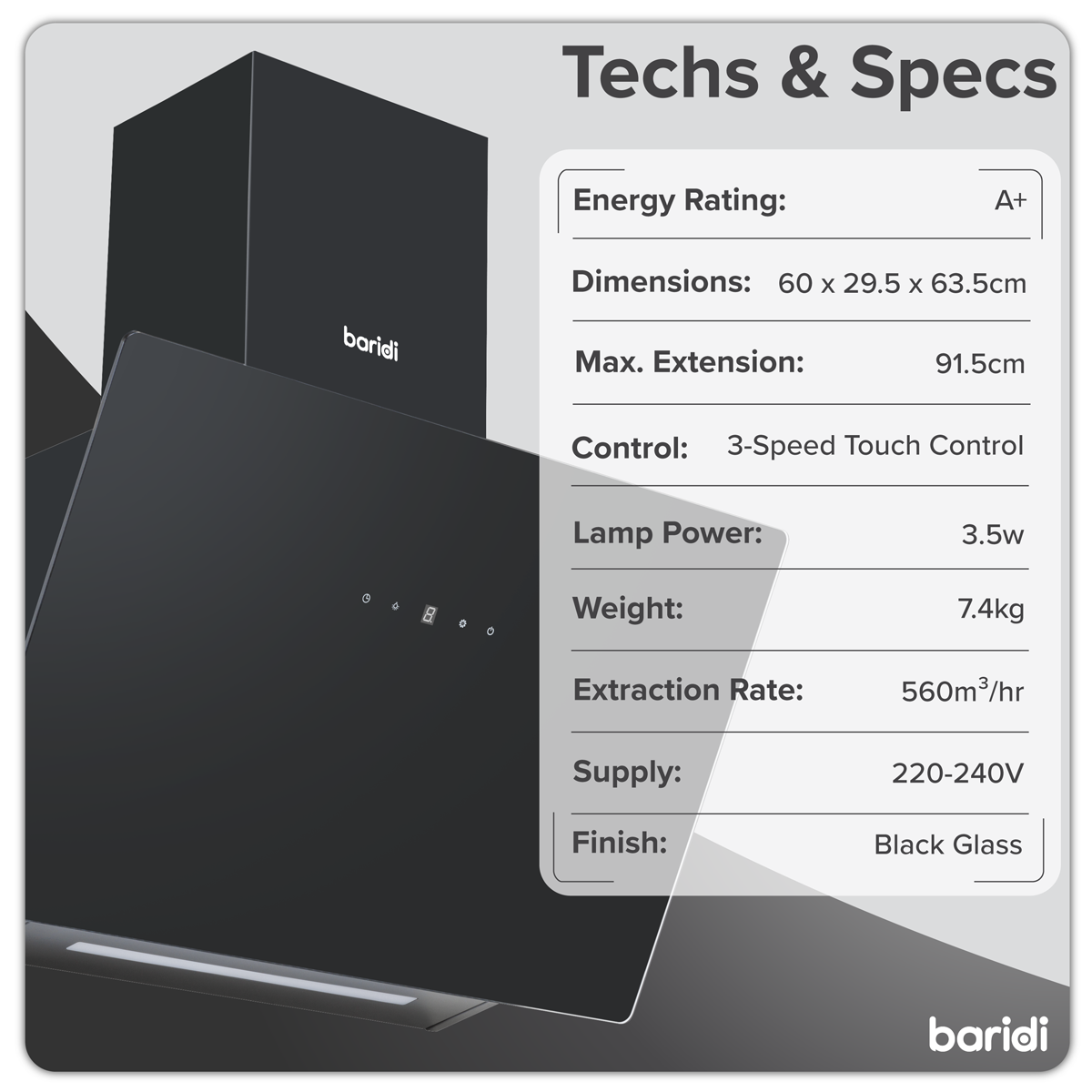 Baridi DH105 Angled Chimney Cooker Hood with Touch Controls & Carbon Filters 60cm - Black Glass - additional view 9