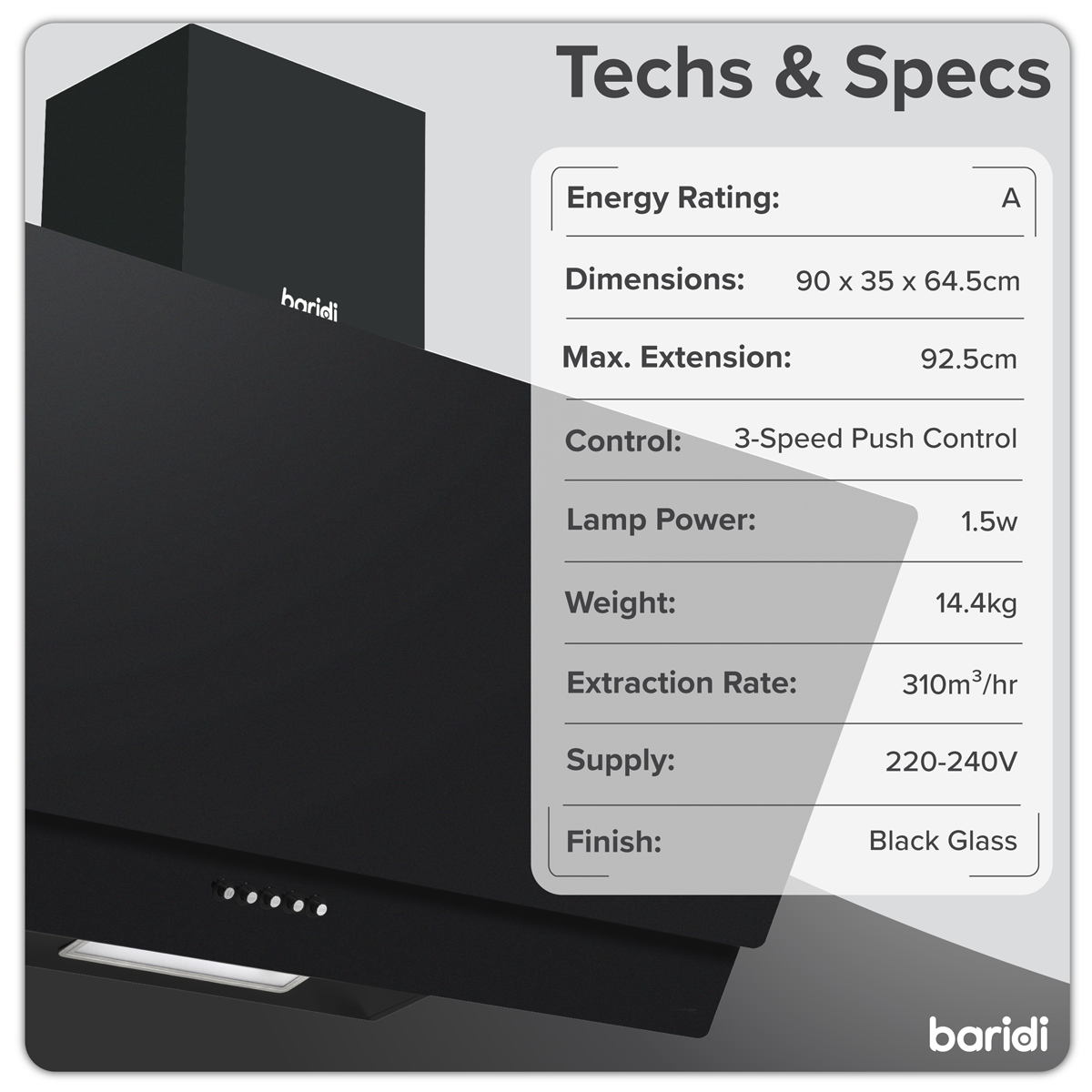 Baridi DH106 Angled Chimney Cooker Hood with Carbon Filters & LED Lamp 90cm, Energy Class A - Black Glass - additional view 6