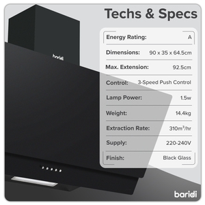 Baridi DH106 Angled Chimney Cooker Hood with Carbon Filters & LED Lamp 90cm, Energy Class A - Black Glass - additional view 6