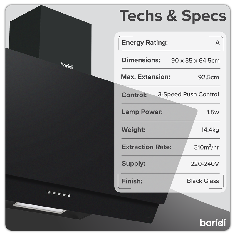 Baridi DH106 Angled Chimney Cooker Hood with Carbon Filters & LED Lamp 90cm, Energy Class A - Black Glass - additional view 6